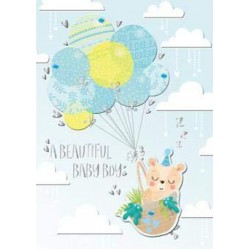 A Beautiful Baby Birth of Boy - Cute Bear in Balloon Basket - Handmade Die-Cut & Foil Finish Greeting Card by Talking Pictures