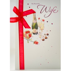 Champagne Chocolate Roses I Adore You Beautiful Wife Valentine's Day Card - Lovely Verse with Ribbon Glitter and Foil Finish