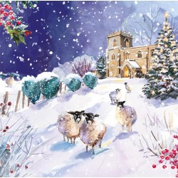 Sheep In Churchyard Snow Scene Art Charity Christmas & New Year Cards 6 Pack Eco