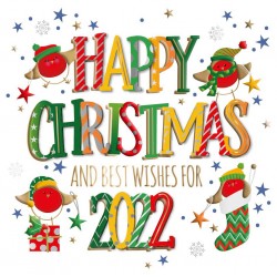 Happy Christmas and Best Wishes for 2022 - Box of 5 Gold Foil Raised Letter Hand Made Xmas Cards by Talking Pictures 