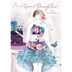 Bella Special Daughter Birthday Card (CO-BE033) - Girl in Dress with Flowers & Cake - Foil Finish - from Cherry Orchard