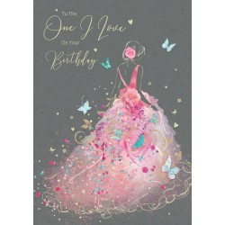 One I Love on Your Birthday Card - Gorgeous Grace Range Pink Dress Glitter & Foil Finish Card by Cherry Orchard