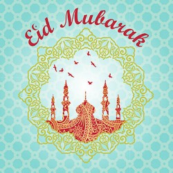 Eid Mubarak Greeting Card Mosque and Birds Glitter Finish