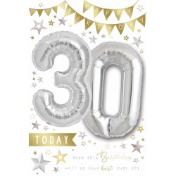 Happy Birthday 30 Today - Single Large Card with 2 x 30cm foil balloons by Balloon Boutique