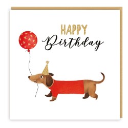 Happy Birthday Hip Hip Hooray Dachshund Dog with Balloon Greeting Card Glitter Finish for Him/ Her