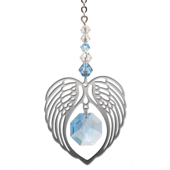 Angel Wing Heart - Aquamarine March Birthstone Colour Suncatcher Keepsake - Embellished with Crystals from Swarovski®