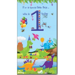 Special Little Boy who is 1 Today First Birthday Card with Dinosaurs, Jurassic Park & Balloons