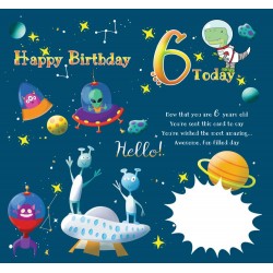 Happy Birthday 6 Today - 6th Greeting Card with Lovely Verse - Outer Space Dinosaur Astronauts, Aliens, UFO, Planets & Stars - Wee Nippers by Cardigan Cards