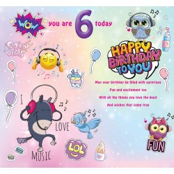 For a Lovely Niece who is 6 Today Happy Birthday - Cool Girl Greeting Card with Lovely Verse - Fun, Party, Music, Emoji, Animals, Ombre Pop Art - Wee Nippers by Cardigan Cards