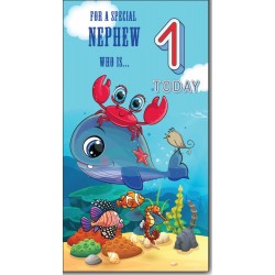For A Special Nephew Who is 1 Today - 1st First Birthday Greeting Card with Lovely Verse - Under the Sea, Whale, Crab, Fish, Seahorse - Wee Nippers by Cardigan Cards