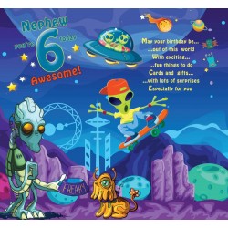 Nephew 6 Today - Happy Birthday Awesome 6th Greeting Card with Lovely Verse - Outer Space, Aliens, UFO, Skateboard, Comic Art - Wee Nippers by Cardigan Cards