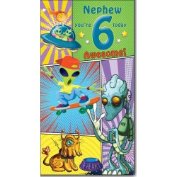 Nephew 6 Today - Happy Birthday Awesome 6th Greeting Card with Lovely Verse - Outer Space, Aliens, UFO, Skateboard, Comic Art - Wee Nippers by Cardigan Cards