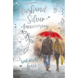 My Wonderful Husband on Our Silver Anniversary 25th Romantic Walk in Rain Under Umbrella Foil Art Greeting Card
