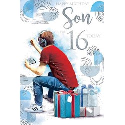 Happy Birthday Son You're 16 Today Video Game Presents Silver Foil Design Cool Greeting Card