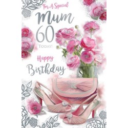 To A Special Mum 60 Today! Happy Birthday Beautiful Purse Floral Luxury Pink Silver Foil 60th Greeting Card by Kingfisher