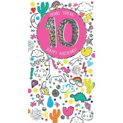 Today You're 10 Happy Birthday Fun Colourful Doodle Silver Foil Greeting Card by Kingfisher