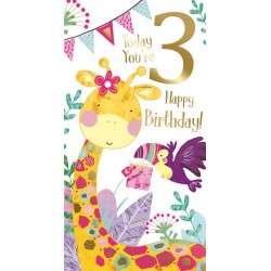 Today You're 3 Happy Birthday! Giraffe & Bird Presents Gold Foil Happy Greeting Card by Kingfisher