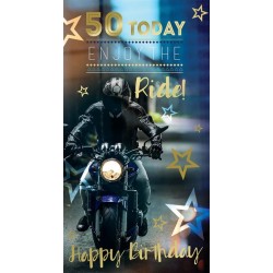 50 Today Enjoy The Ride! Cool Motor Bike Happy Birthday Gold Foil Greeting Card by Kingfisher