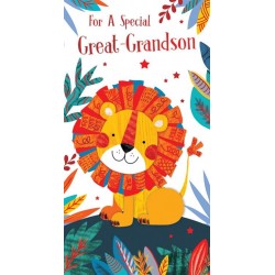 For A Special Great-Grandson Adorable Lion Orange Foil Finish KingFisher Slim Birthday Card 