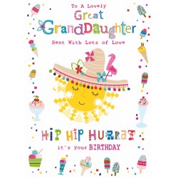 To a Lovely Great Granddaughter Hip Hip Hurray Sun in Sombrero Hat Birthday Greeting Card