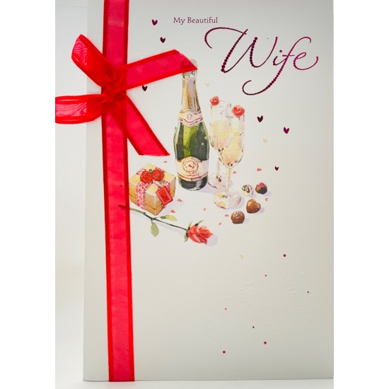 Champagne Chocolate Roses I Adore You Beautiful Wife Valentine's Day Card - Lovely Verse with Ribbon Glitter and Foil Finish