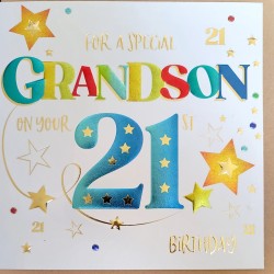 21st Special Grandson 21 Birthday Handmade Greeting Card Stars and Gifts Handmade with Embossed Foil Finish