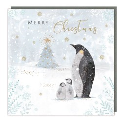 Three Snowy Festive Penguins Charity Christmas Sparkle Cards - Pack of 5 Xmas Cards