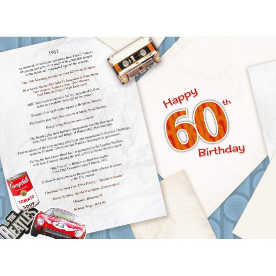 Embossed Number Fluted Foil Finish Birthday Card 60th Male Milestone Birthday in 2022-60 Today for Him Down Memory Lane Historical Facts inside from year of Birth in 1962 60th