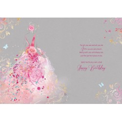 One I Love on Your Birthday Card - Gorgeous Grace Range Pink Dress Glitter & Foil Finish Card by Cherry Orchard
