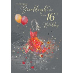 Lovely Beautiful Granddaughter on Your 16th Birthday Card - Gorgeous Grace Range Dress & Balloons Glitter & Foil Finish Card by Cherry Orchard