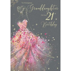Lovely Beautiful Granddaughter on Your 21st Birthday Card - Gorgeous Grace Range Pink Dress Glitter & Foil Finish Card by Cherry Orchard