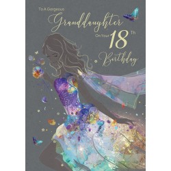 Lovely Beautiful Granddaughter on Your 18th Birthday Card - Gorgeous Grace Range Blue & Purple Dress Glitter & Foil Finish Card by Cherry Orchard