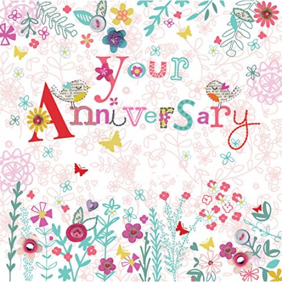 On Your Anniversary Love Birds Flowers and Butterflies Glitter Finish Greeting Card by Ooh La La, Cherry Orchard