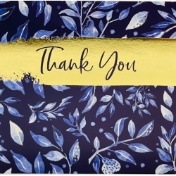 Watercolour Leaves Blue With Gold - Thank You Notecards Luxury Foil Finish Pack of 5 Cards and Envelopes