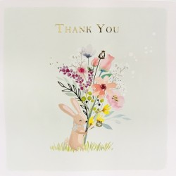 Bunny Rabbit with Flower Bouquet Art - Thank You Notecards Luxury Foil Finish Pack of 5 Cards and Envelopes