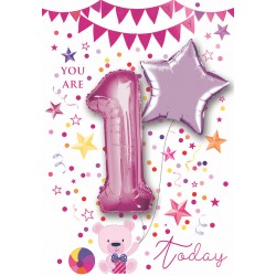 Happy 1st Birthday Girl 1 Today - Single Card with 2 x 30cm foil balloons by Balloon Boutique