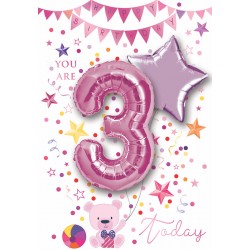 Happy Birthday Girl 3 Today - Single Card with 2 x 30cm foil balloons by Balloon Boutique