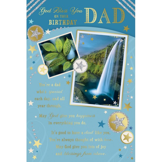 Dad God Bless you on your Birthday Greeting Card with Religious Poem - Waterfall