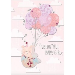 Baby Girl Teddy Bear with Pink Balloons Luxury Handmade Card by Talking Pictures
