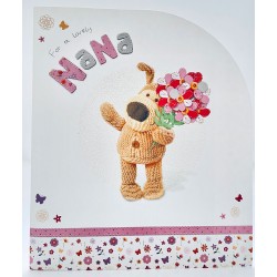 For A Lovely Nana Mothers Day Greeting Card Boofle Dog Holding Flowers with Glitter Finish By UKG