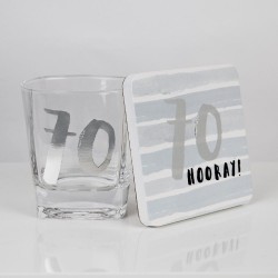 70th Luxe Whiskey Glass & Coaster In Gift Box With 70th Hooray! On Coaster By Widdop Bingham 