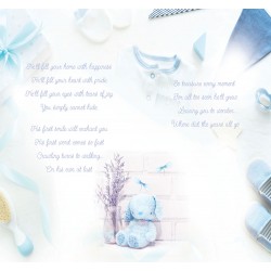 Baby Boy Birth Congratulations Greeting Card with Colour Insert & Lovely Verse - Foil Finish Blue Teddy Bear - Loving Words by Cadigan Cards (ED7014)