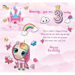 3 Today - Little Girl Happy 3rd Birthday Greeting Card with Lovely Verse - Unicorn, Castle, Butterflies & Rainbow - Wee Nippers by Cardigan Cards