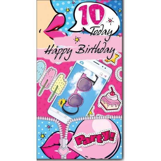 10 Today Happy Birthday - Cool Girl Greeting Card with Lovely Verse - Fun, Party, Phone, Ice Lollies, Cake, Pop Art - Wee Nippers by Cardigan Cards