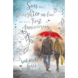 Special Son and Daughter-in-Law on your First Anniversary 1st Romantic Walk in Rain Under Umbrella Foil Art Greeting Card