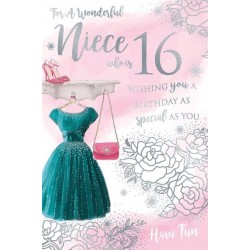 For A Wonderful Niece Who is 16 Wishing You A Birthday As Special As You Have Fun Beautiful Dress Pink Silver Foil Greeting Card by Kingfisher