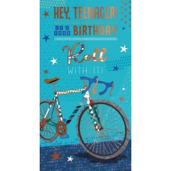 Hey, Teenager Its Your Birthday Roll With It! Bicycle Blue Fun Orange Foil Greeting Card by Kingfisher