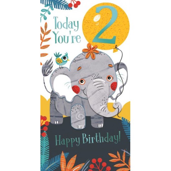 2nd Happy Birthday Today You're 2 Elephant & Cute Bird Blue Foil Greeting Card by Kingfisher