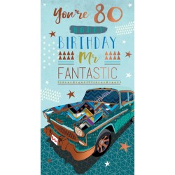 You're 80 Today Happy Birthday Mr Fantastic Cool Classic Car Orange Foil 80th Greeting Card by Kingfisher